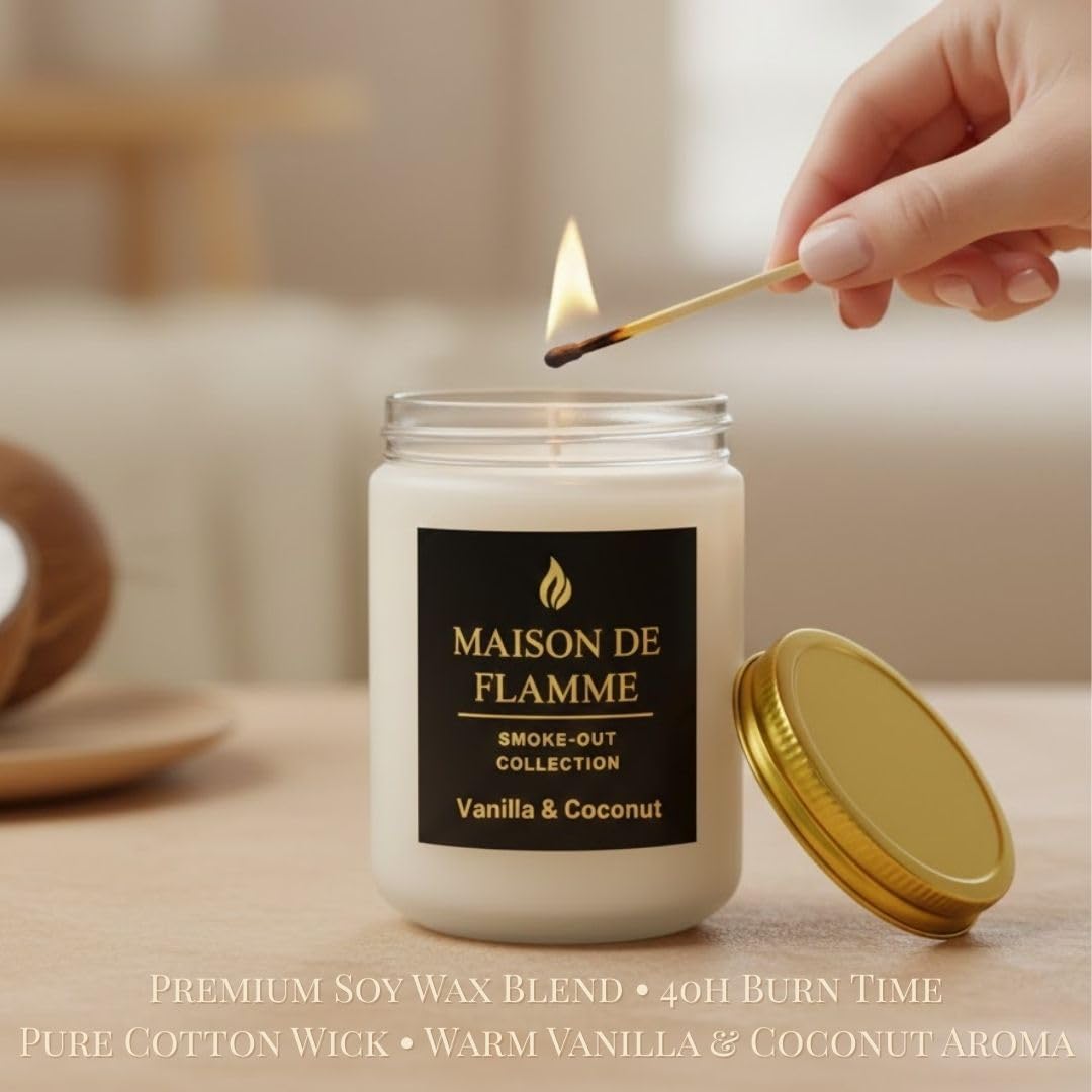 MAISON DE FLAMME Vanilla & Coconut Odor-Eliminating Scented Candle (White Jar, 200g/7oz) | Long-Lasting Premium Soy Wax Candle for Smoke, Kitchen & Pet Odors