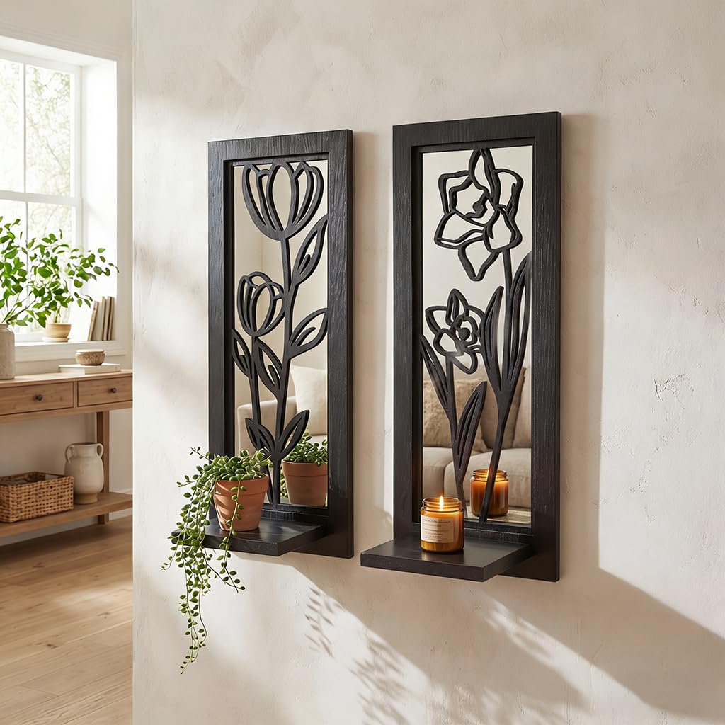 ZEXUIRU 2 Set Rustic Candle Sconces Living Room Bedroom Entryway Wood Mirrored, Farmhouse, Carved Frame Wall-Mount Wooden Candle Holders Wall Decor Hanging Handmade Holder - Black