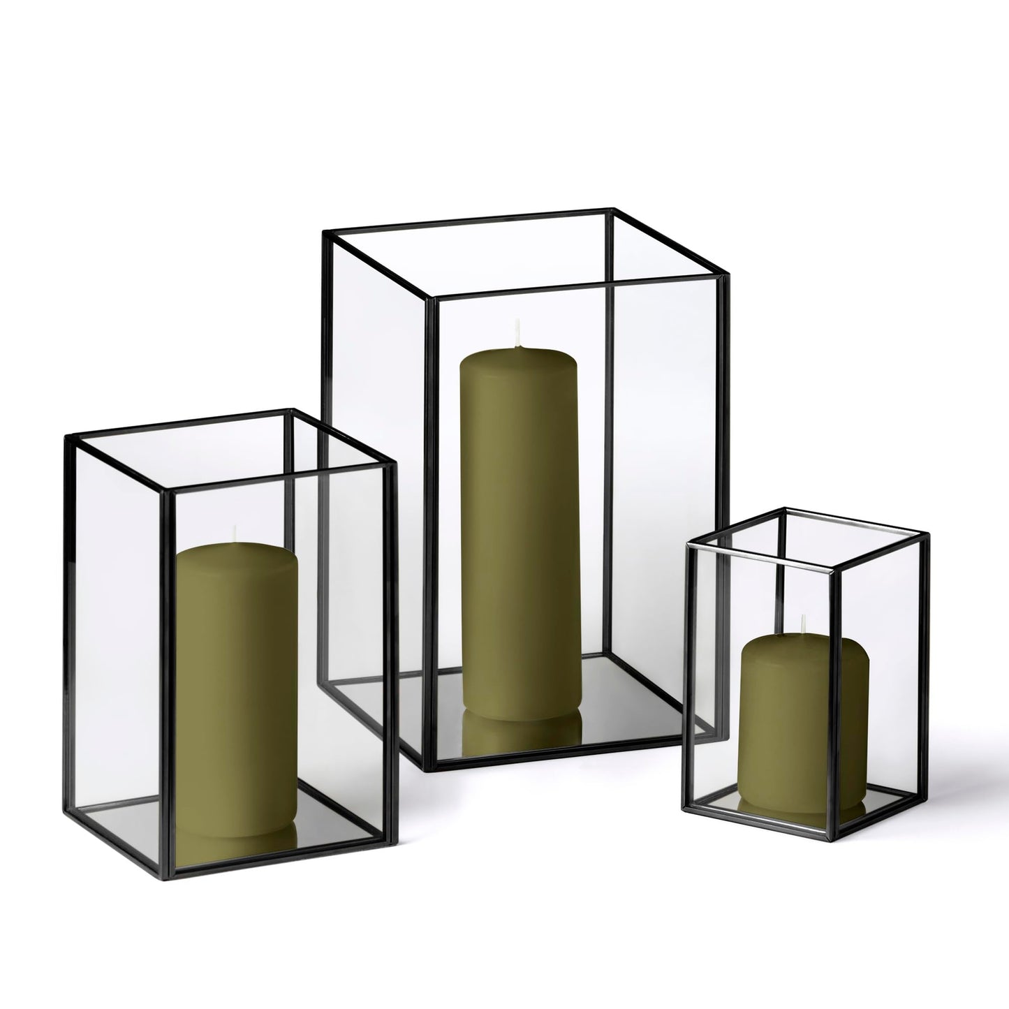 Yummi Set of 36 Slim Pillar Candles & Black Luxus Lanterns - Olive
