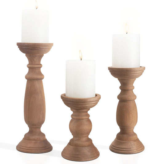 BANOMII Rustic Wooden Pillar Candle Holders Set of 3, 12'' 9'' 6'' Farmhouse Wood Candle Stand for Table Centerpieces, Vintage Tall Candleholders Fireplace Mantel Decor for Living Room, Brown