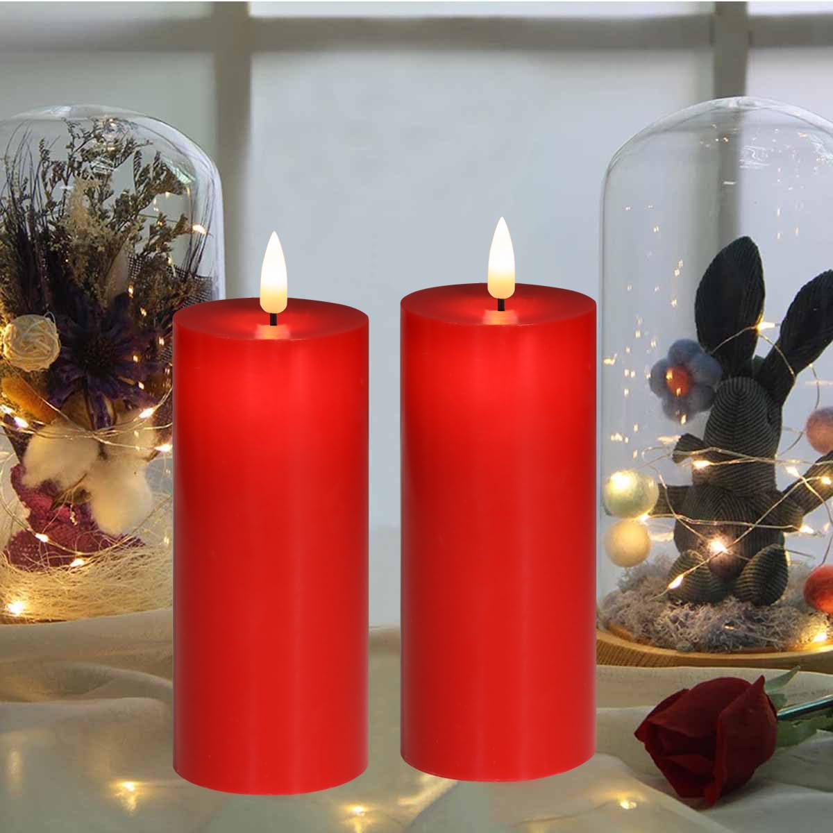 volnyus Red Flameless Candles Set of 2 Flickering LED Wax Candles Battery Operated with Remote Control Timers forChristmas Decoration/Wedding/Party Dimmable Pillar Candles 5 inch Flat top