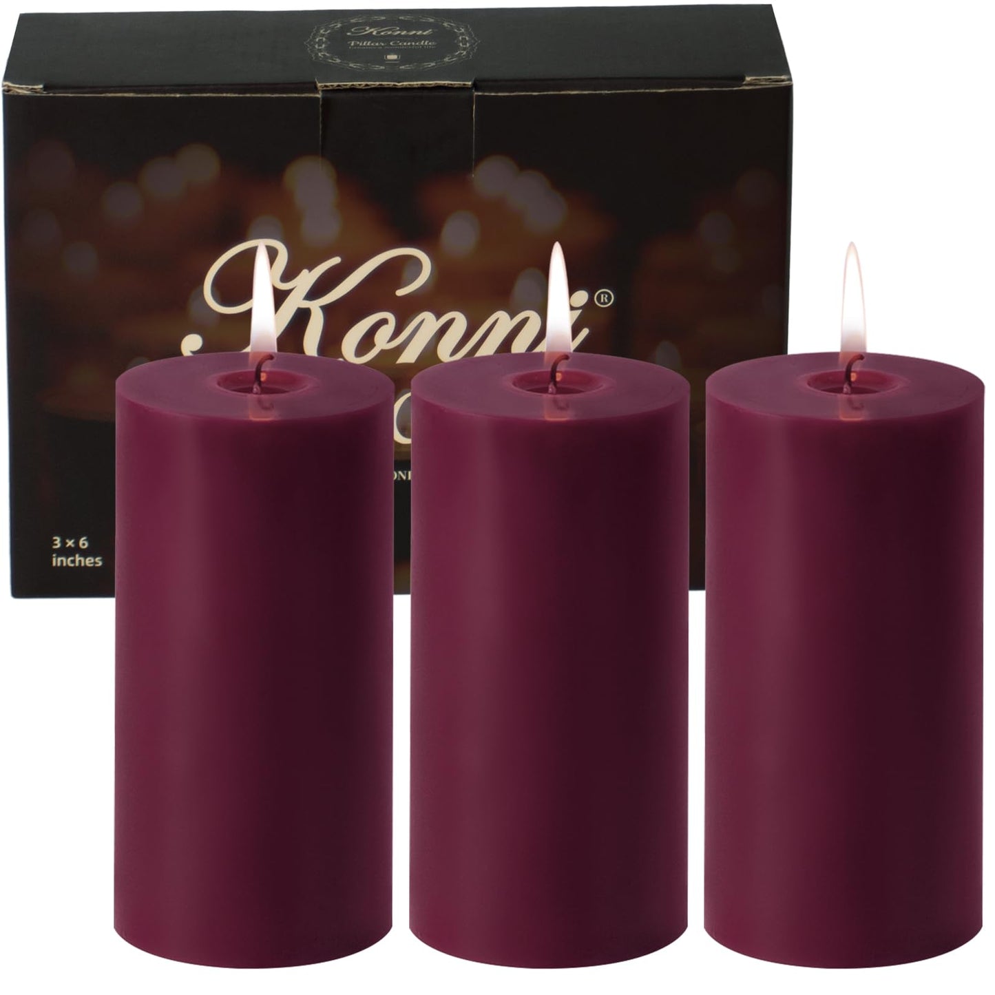 KONNI Purple Pillar Candles Set of 3, 3"x 6" Unscented Pillar Candles Bulk, 56 Hours Long Burning Candles, Smokeless&Dripless Large Round Candle for Wedding, Home Decoration, Parties, Spas, Dinner