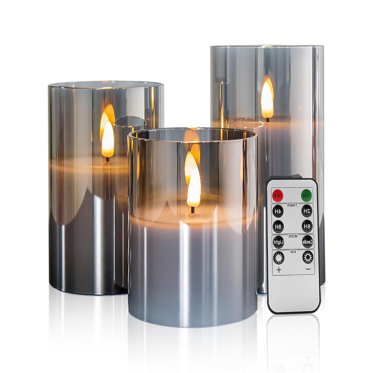 GPTMCZL Remotely Glass Battery Operated Candles, Grey Led Flameless Candles, with Remote and Timer Realistic Operation of LED Candle Light, Used for Party, Wedding, Festival Decoration(Pack of 3)