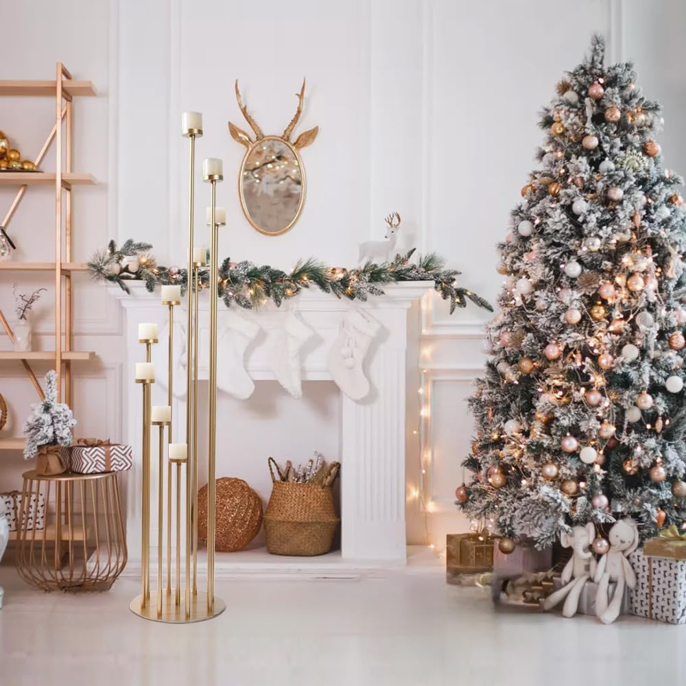 Fullvaseer 2pcs 9 Arm Candelabra,Floor Candle Holders Tall Set for Wedding Aisle Decoration,Gold Candelabras for Fireplace,Candle Stand Fit for Flameless or Wax