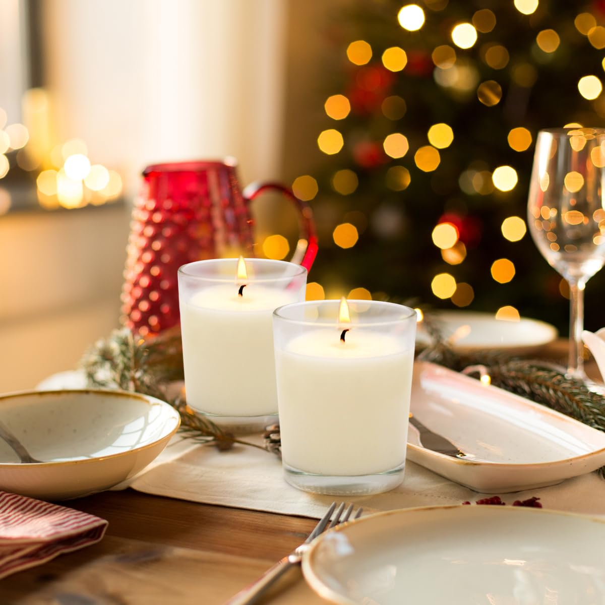 Set of 6 White Votive Candles, Clear Glass Filled Unscented Soy Wax Candle for Home Décor Weddings Spa Holidays Party and DIY