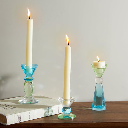 DN DECONATION Glass Candle Holder Set of 3, Candlesticks Holders Blue & Clear Crystal Tealight Candles Holder for Table Centerpiece Wedding Decorations Housewarming Gift Living Room Party