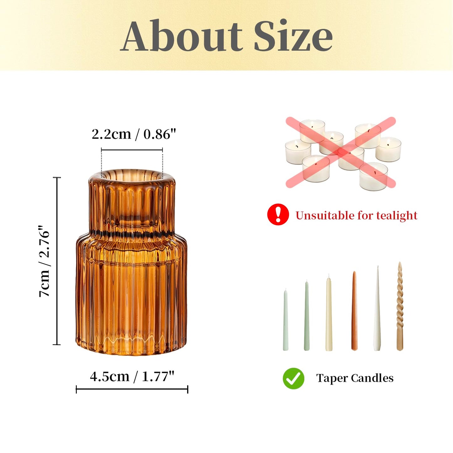 Hewory Glass Taper Candle Holders: 2PCS Amber Elegant Candle Holder Candlestick Holders Bulk, Ribbed Glass Candle Holder Candle Sticks Holder Decor for Table Centerpiece Fall Thanksgiving Home Decor