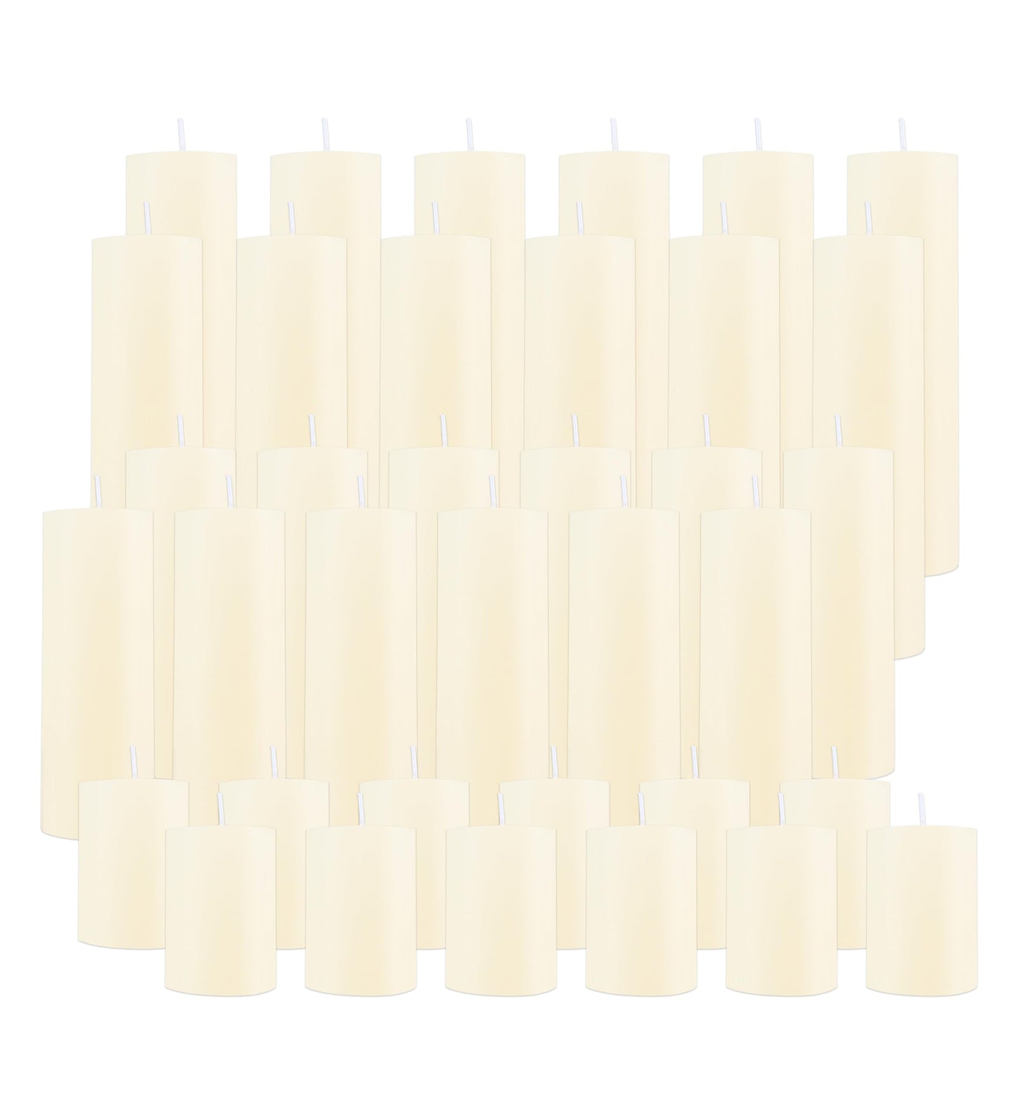 EAKE 36 Pcs Pillar Candles, Unscented Ivory White Pillar Candles, Smokeless Long Burning Wax Candles for Wedding Centerpieces, Valentines Day, Fireplace, Special Occasion, 2 in by 3, 5.9, 7.8IN