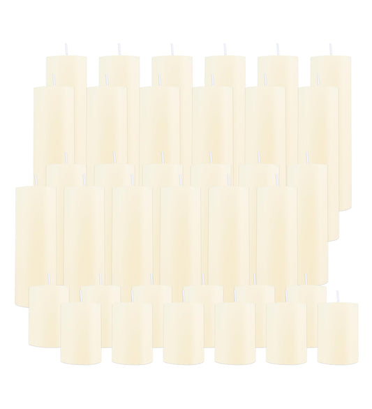 EAKE 36 Pcs Pillar Candles, Unscented Ivory White Pillar Candles, Smokeless Long Burning Wax Candles for Wedding Centerpieces, Valentines Day, Fireplace, Special Occasion, 2 in by 3, 5.9, 7.8IN