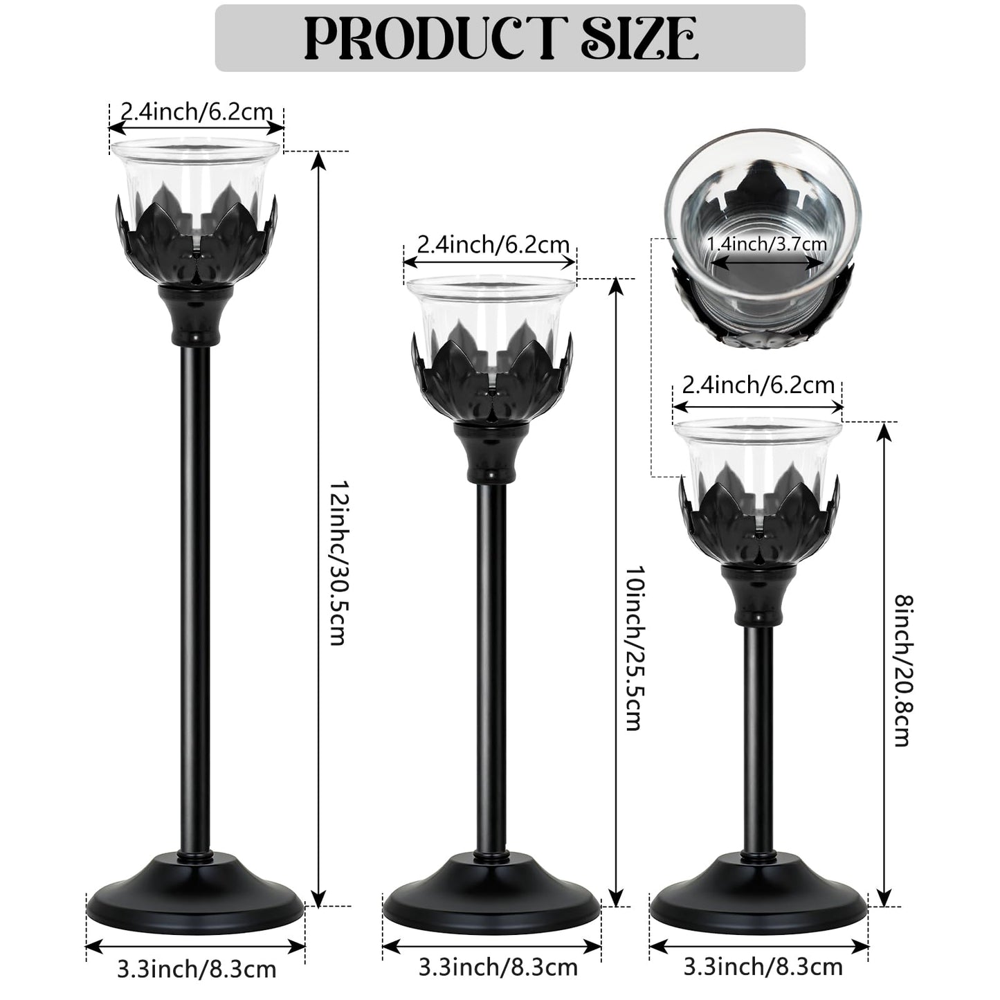 Set of 3 Metal Tea Light Candle Holder with 3 Glass Cups, 12/10/8 Inch Elegant Tealight Candelabra Centerpiece for Wedding Table Decor, Tiered Home Party Decoration (3, Black)