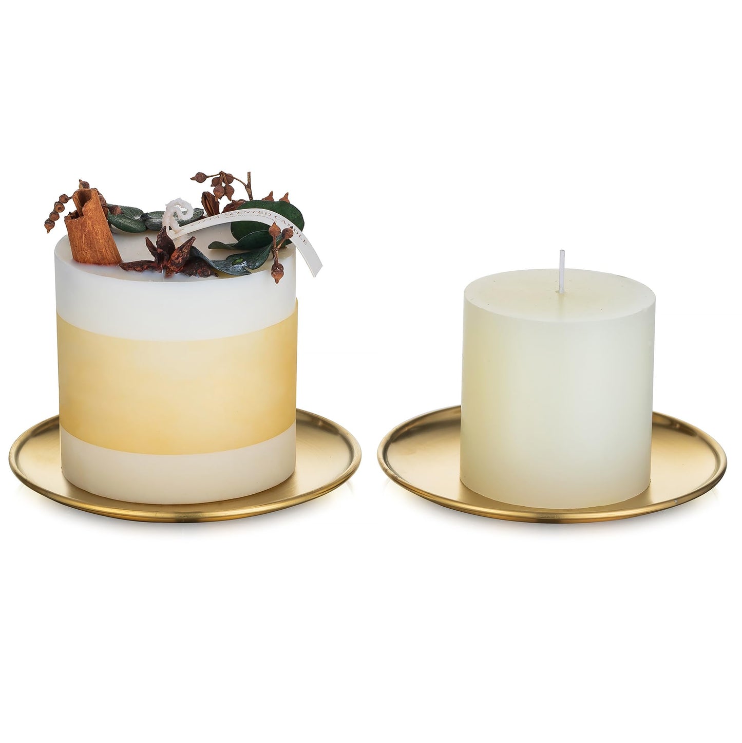 Romadedi Gold Pillar Candle Holders Decor - 5.5 Inch Round Candle Tray Decorative Brass Metal Plate Candle Srand for 3 Wick Candles Jars for Coffee Table Countertop Home Decorations, Set of 2