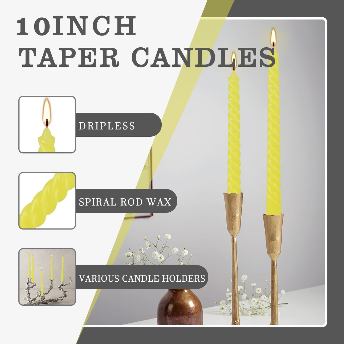 12-Piece Yellow Spiral Wax 10-inch Taper Candles -unscented smokeless, Tear-Free, Long-Lasting Burning Cotton Wick Suitable for Home,Party,Holiday Decorations