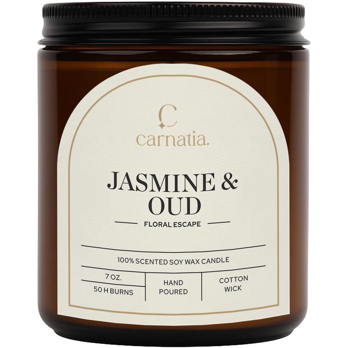 Carnatia Jasmine & Oud Scented Candle – 7 oz | 100% Soy Wax with Cotton Wick | 50 Hour Burn | Aromatherapy Candle for Home, Mood Lift & Relaxation | Gift for Women & Men