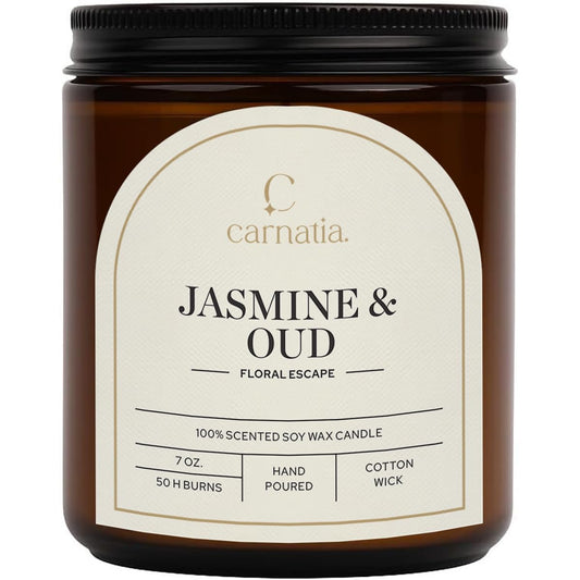 Carnatia Jasmine & Oud Scented Candle – 7 oz | 100% Soy Wax with Cotton Wick | 50 Hour Burn | Aromatherapy Candle for Home, Mood Lift & Relaxation | Gift for Women & Men