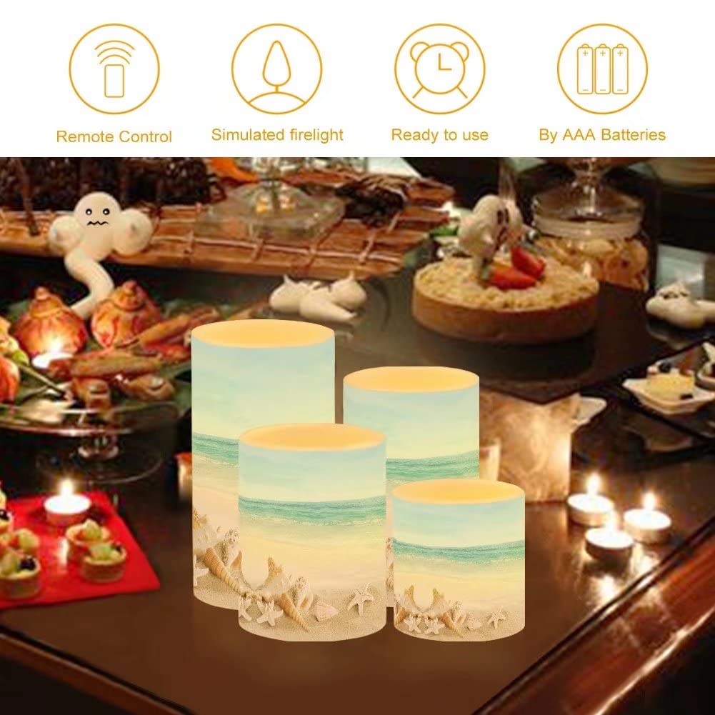 NETILGEN Flickering Flameless LED Pillar Candles with 18-Key Remote Battery Operated Color Changing Tea Lights Fake Candles, Set of 4, Beach Starfish Blue