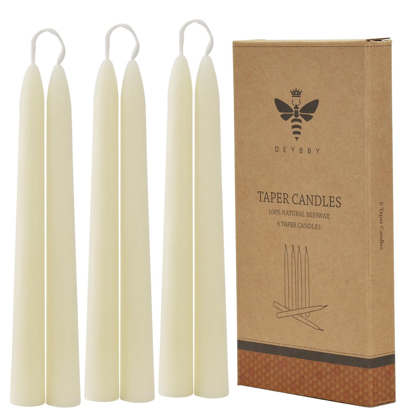 8'' Natural Cream White Beeswax Taper Candles Set of 6, DEYBBY Smokeless and Dripless Pure Organic Beeswax Candles for Wedding Dinner Decor Emergency Housewarming Birthday Gift, Long Lasting Burning