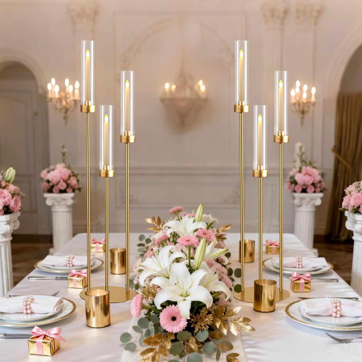Vincidern 2pcs Gold Taper Candle Holder 3-arm Candelabra Decorative Candlestick Holder for Table Centerpieces, Wedding, Dining Room, Events, Party (33in Tall)