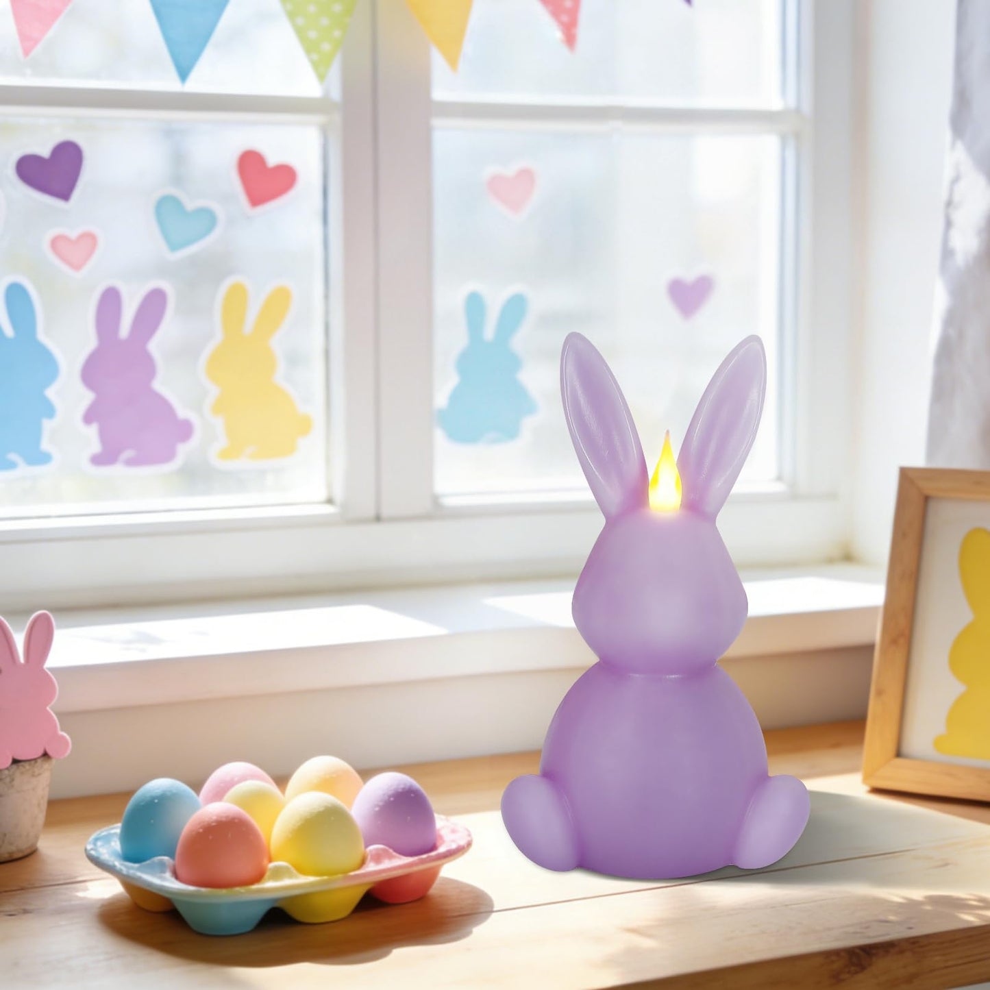 Leorate Purple Easter Bunny Flameless Candle,Real Wax Carved LED Candle,Scented Bunny Shape Flame Candle Set for Home Living Room Bedroom Party Decoration Centerpiece Table Home Decor