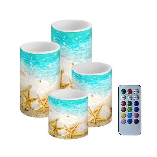 NETILGEN Beach Starfish Seashell Flameless Light Candles Battery Powered with Timer Remote Color Chaging Pillar Fake Candles Pack of 4 for Wedding Home Outdoor Decor