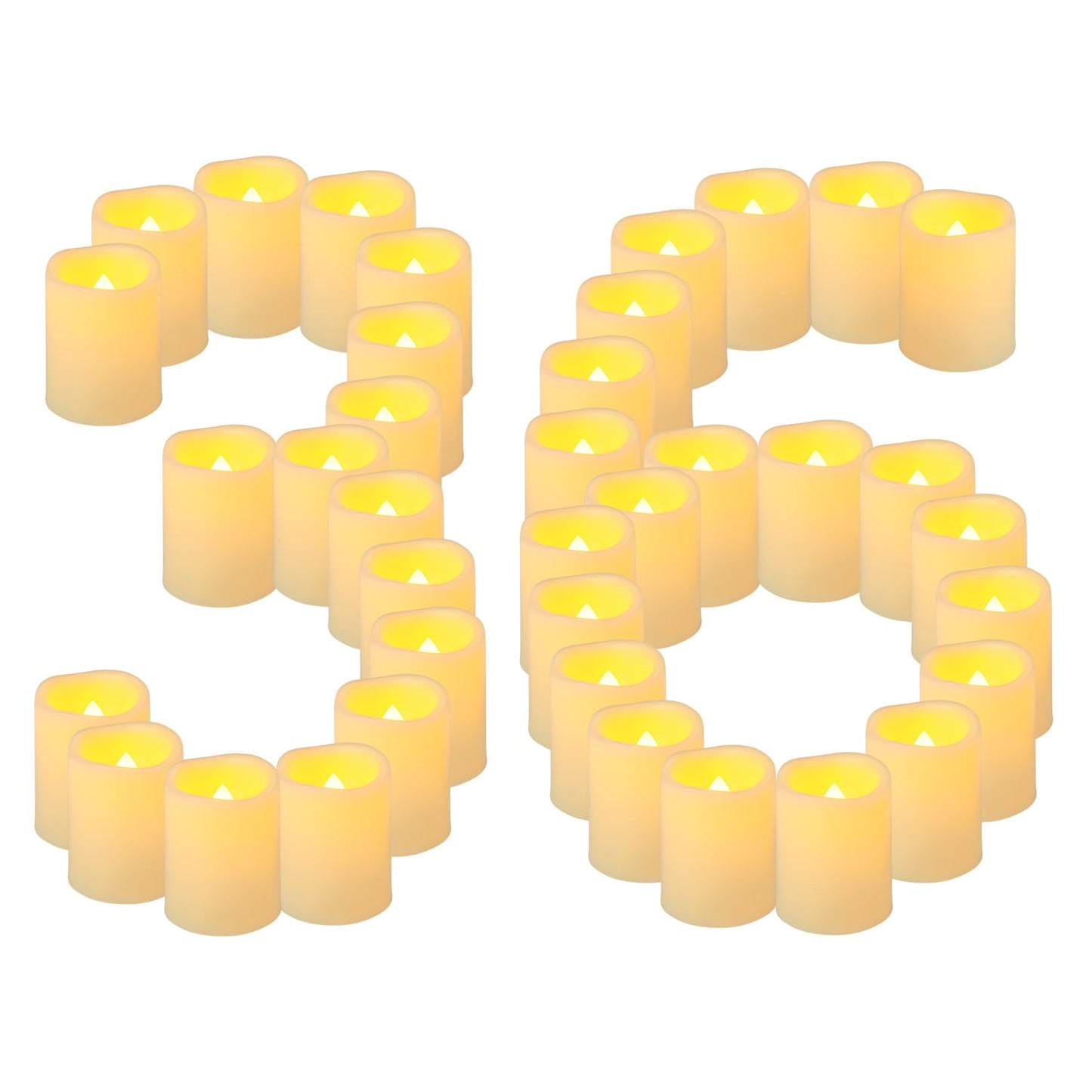 Yakpo 36 Pack 1.5" x 2" Flameless Votive Candles Battery Operated, Flicker LED Tea Lights Electric Flickering Outdoor Fake Candle Bulk for Wedding Halloween Pumpkin Light Christmas Home Decorations