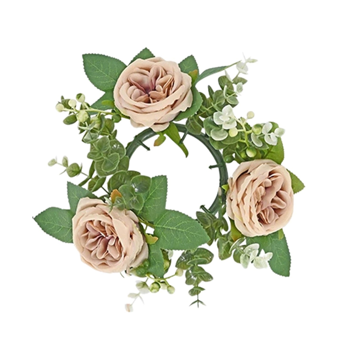 Artificial Rose Candle Rings Wreath Mini Floral Wreaths Pillar Candle Holder with 3 Blooming Flowers and Green Leaves for Wedding Party Home Table Centerpieces Decor (Khaki)