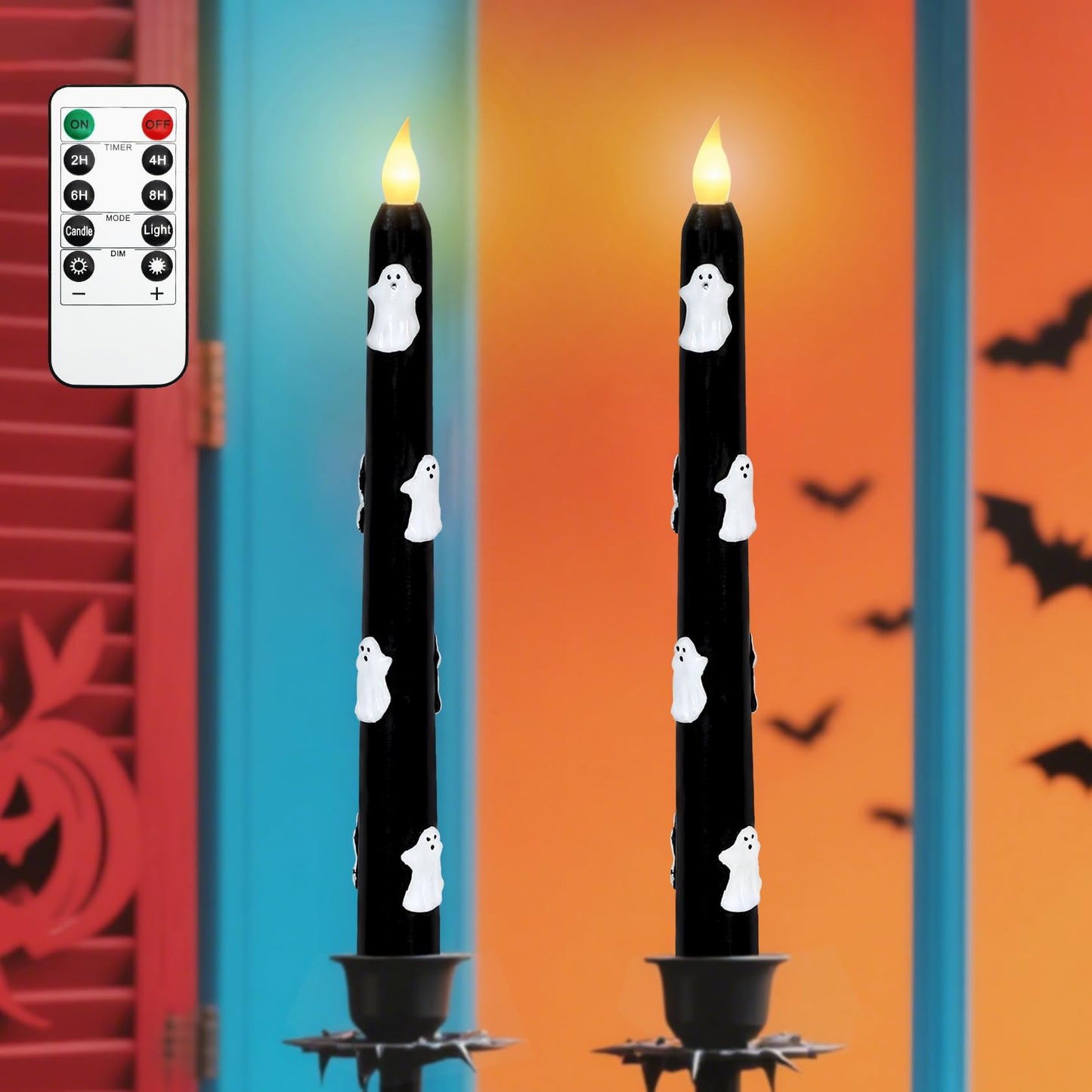Halloween Ghost Flameless Taper Candles with Remote & Timer, Real Wax Black LED Taper Candles for Home Haunted House Halloween Party Decorations, Set of 2