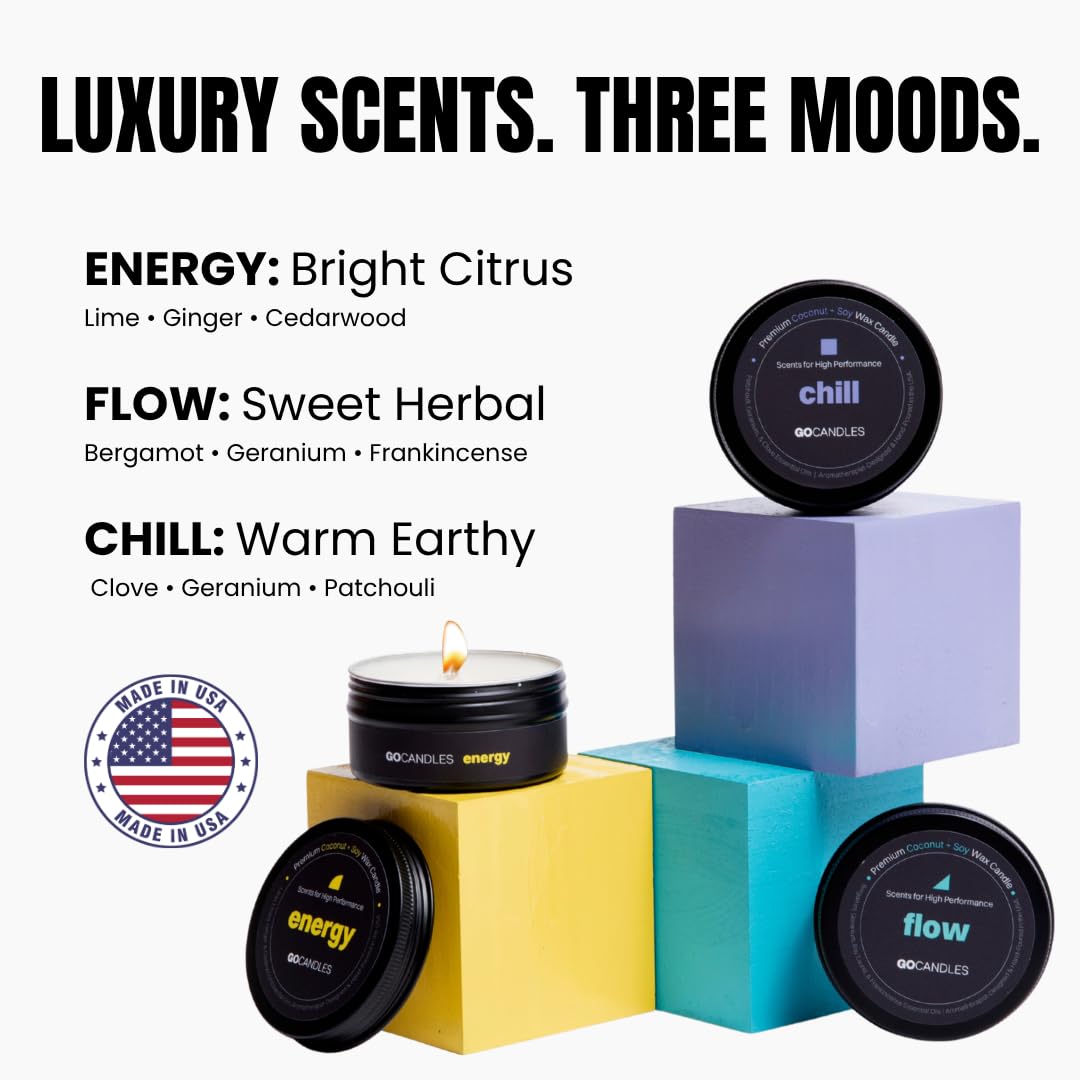 Go Candles Luxury Scented Candle Set for Men | Energy · Flow · Chill | Candles for Home | Aromatherapy | Non Toxic Coconut Soy Wax | Essential Oils | Hand-Poured USA | Candle Gift Set