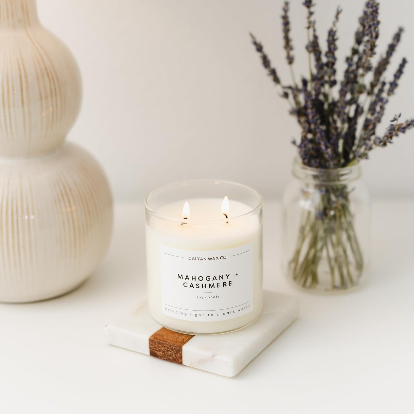 Calyan Wax Co. Mahogany & Cashmere 2 Wick Scented Candle - 37 Hour Burn - Luxury Clean Soy Wax Candles - Long Lasting Large Glass Jar Candle for Home - 8.8oz