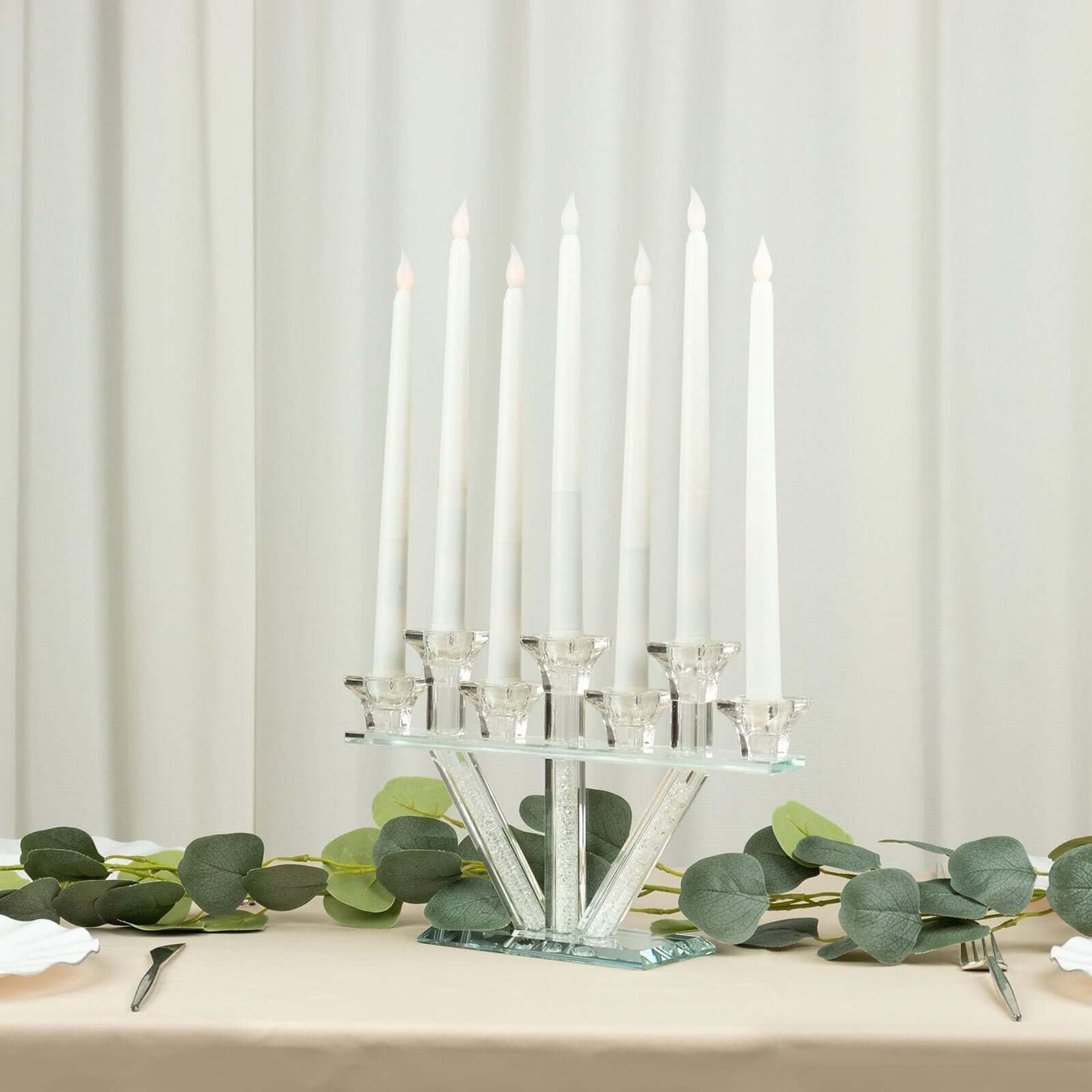 Efavormart 12" Crystal Glass Candelabra with Crystal Filler, 7-Branch Taper Candle Stick Holder Stand with Mirror Rectangular Base