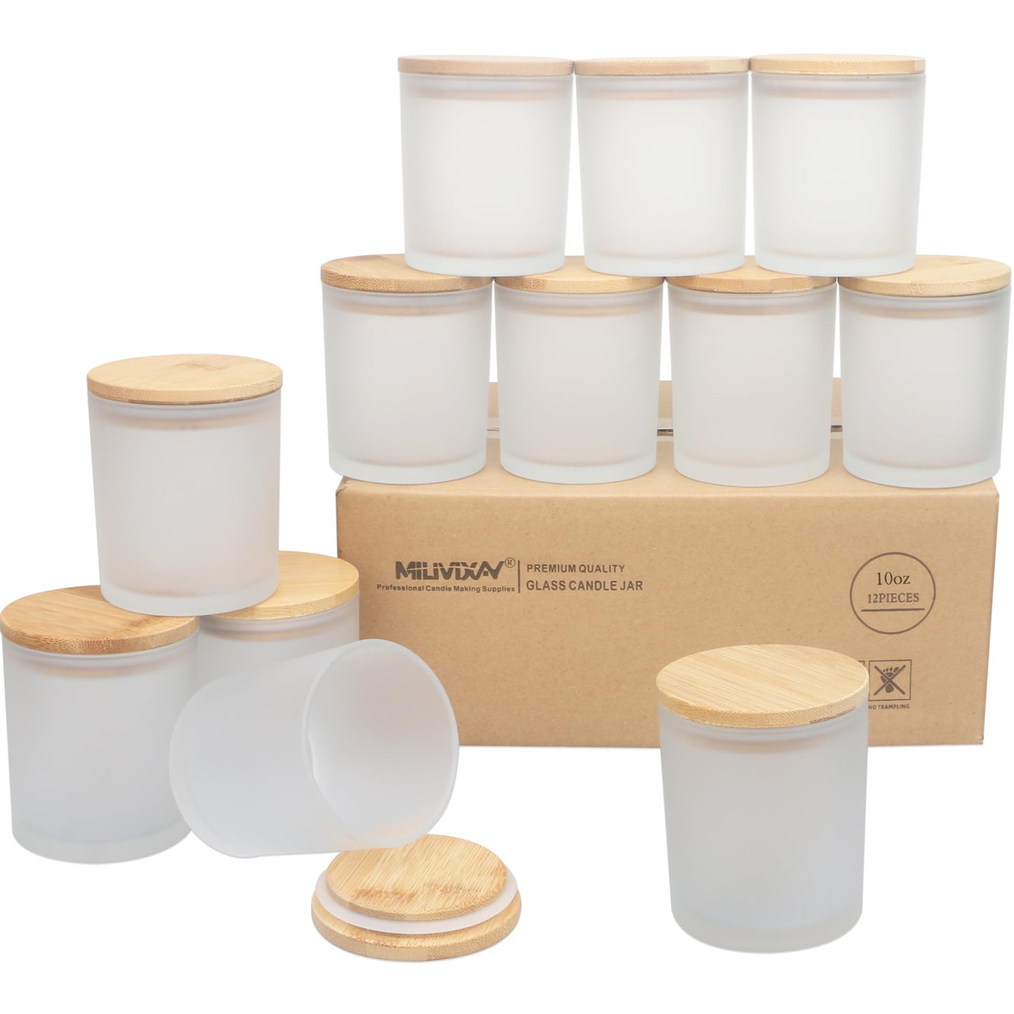MILIVIXAY 12 Pack 10 OZ Frosted White Thick Glass Candle Jars with Lids - Bulk Empty Candle Jar for Making Candles - Spice, Powder Containers.