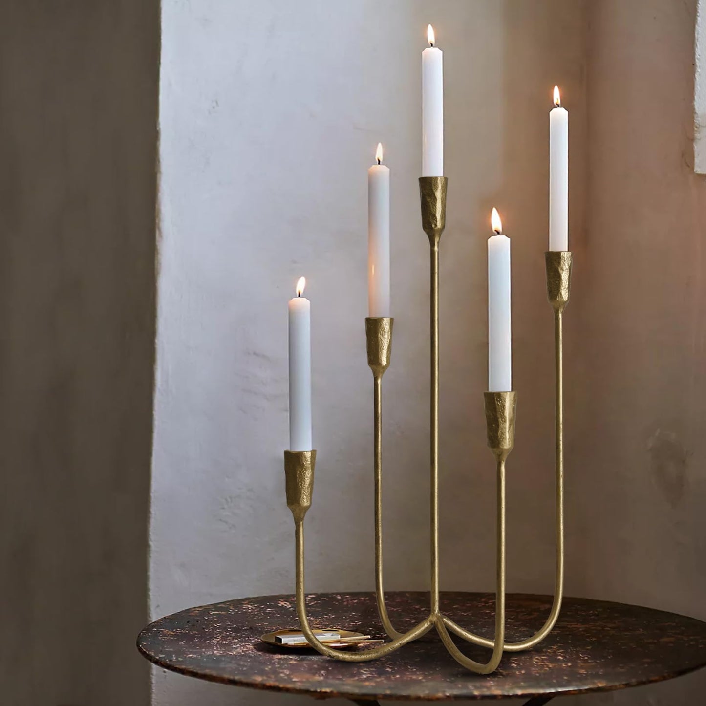 5-Candle Cast Iron Metal Candelabra Candlestick Holders 15 inch Tall Candle Holder Wedding Event Candelabra Candle Stand Brass Gold