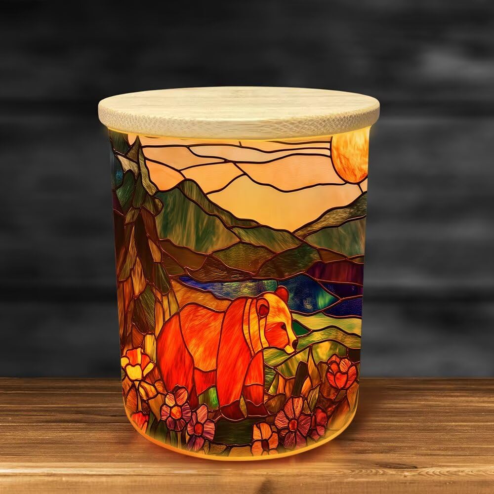 Stained Glass Bears Tea Light Candle Holders, Mountain Tealight Candle Holder Jar with Wooden Lid, Pine Tree Votive Candlesticks for Table Centerpieces, Christmas,Birthday Party,Home Decor