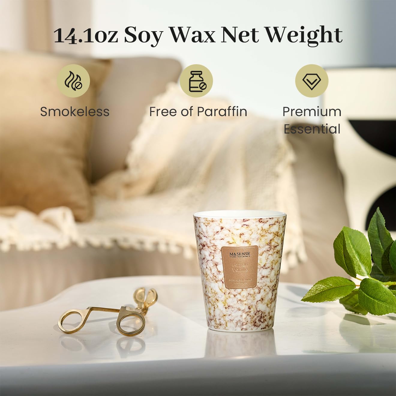 M&SENSE Lemon Vanilla Scented Soy Candle, 3 Wick Highly Scented 14.1 Oz 75H, Aromatherapy Christmas Gift for Women and Men