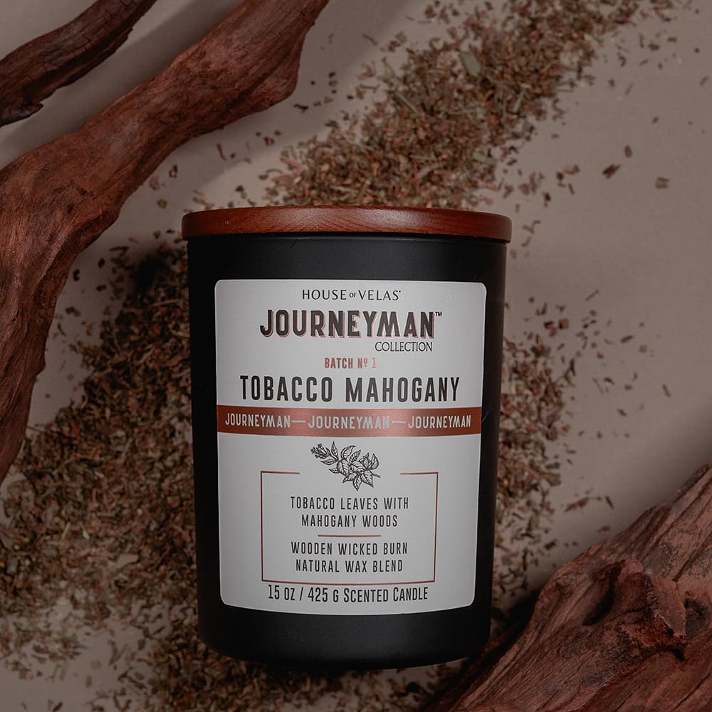 House of Velas Journeyman Collection Candle, 15oz, Wooden Wick, Tobacco Mahogany, Large Painted Jar