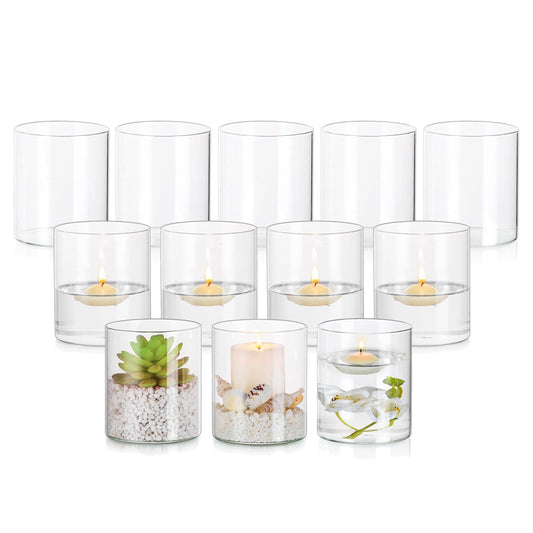 Hewory Glass Hurricane Candle Holder Set of 12, Clear Glass Candle Holders for Pillar Candles Floating Candles, 4 inch Cylinder Hurricane Vases for Centerpieces Wedding Christmas Home Decor