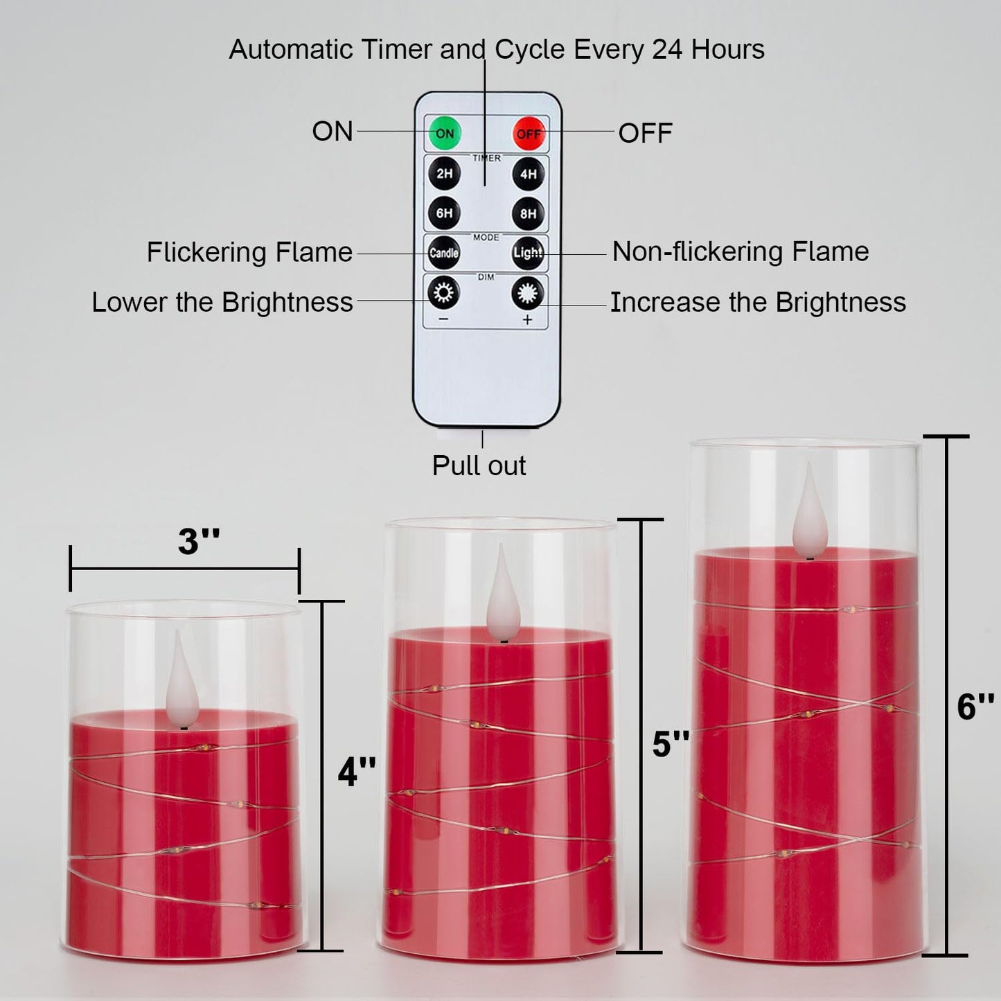 Homemory Flickering Flameless Candles with String Lights, Battery Operated Candles, Embedded String Lights LED Candles, Unbreakable Plexiglass Candle with Remote, Set of 3, Red