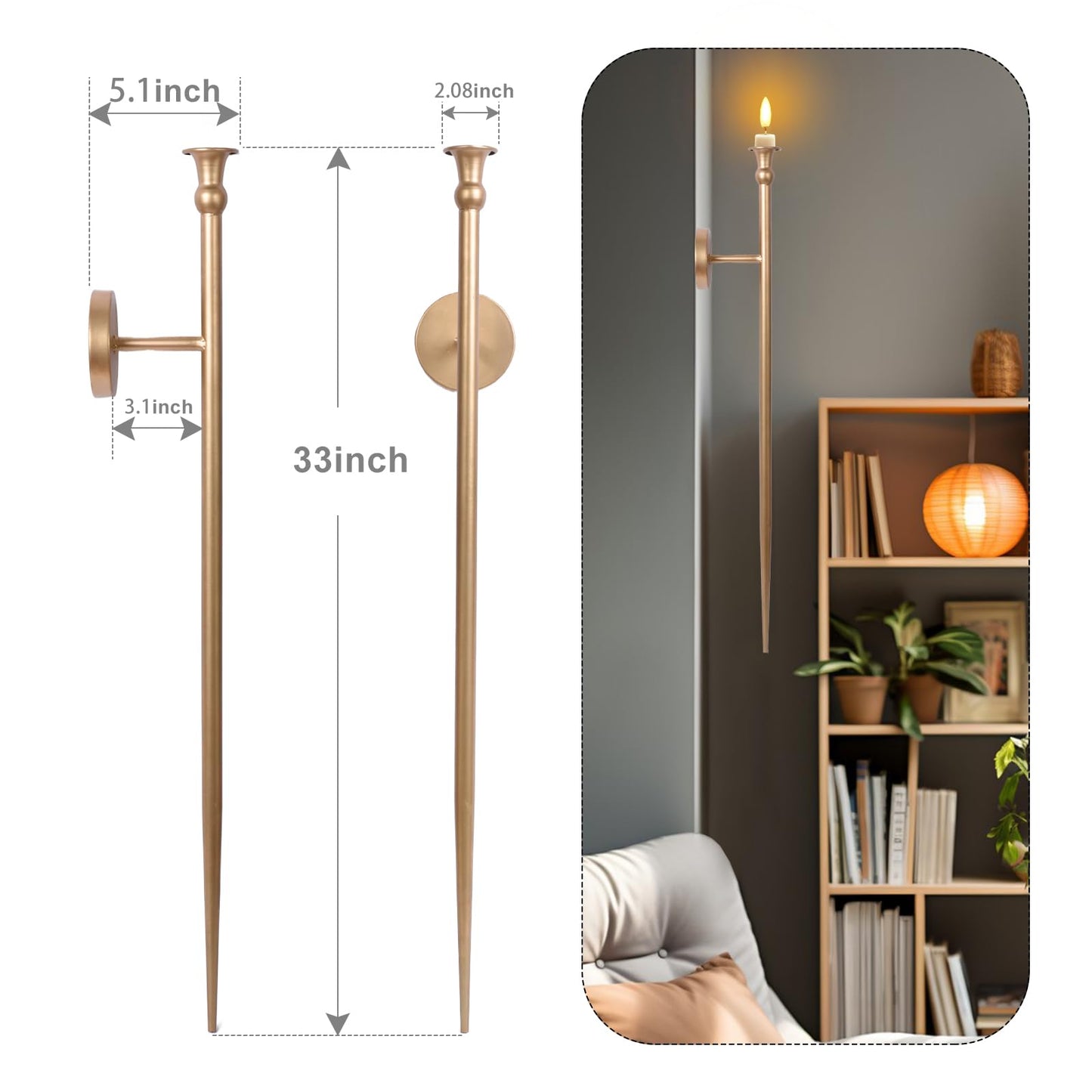 Candle Sconces Long Wall Candle Holder - 33" H Set of 2 Gold Long Wall Candle Sconce Retro Chic Wall Sconces Candle Holder Decoration for Dining Room, Living Room, Office, Bathroom