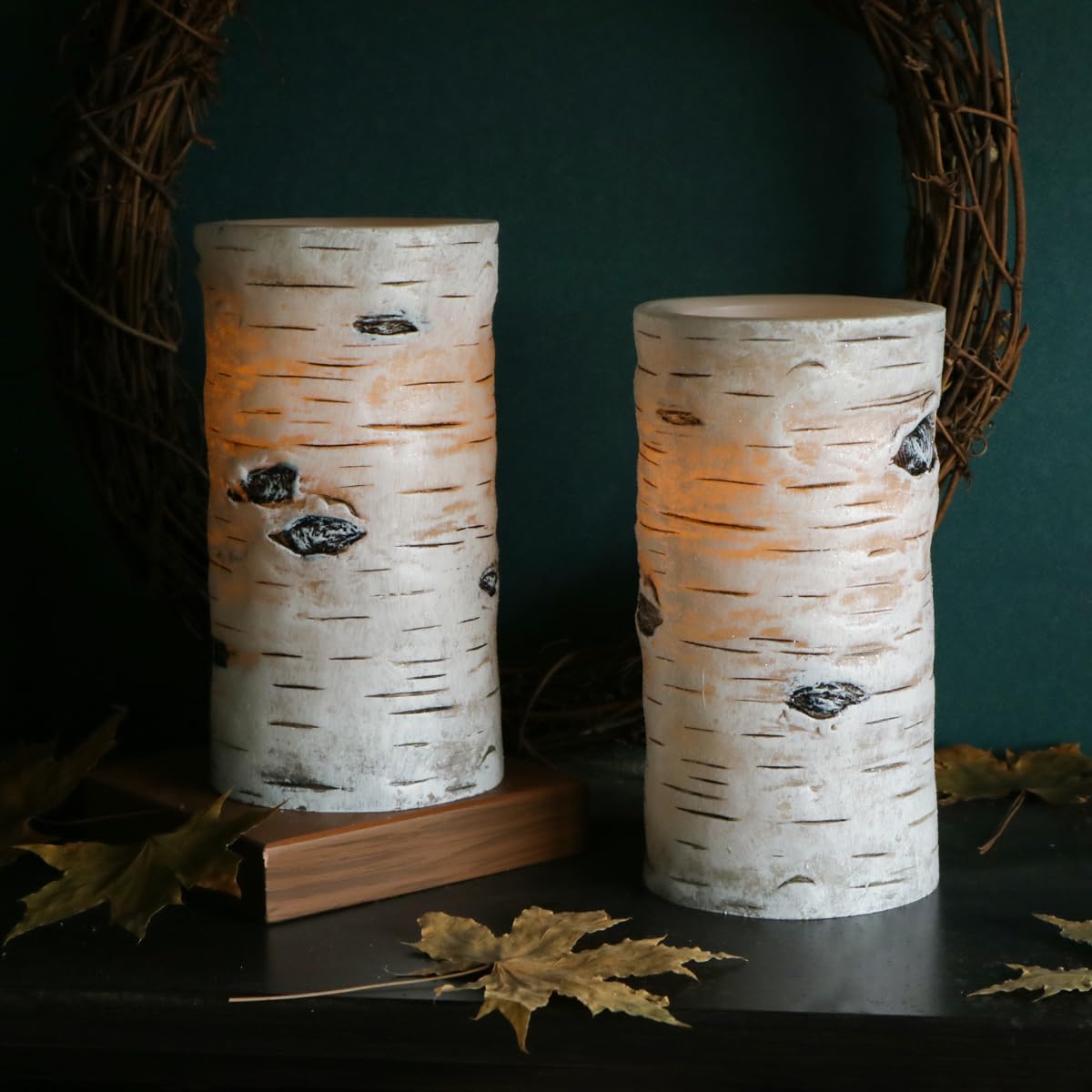 H-BLOSSOM Flickering Flameless Candles Birch Bark Effect Battery Operated Real Wax Pillar Candles LED Candles with Cycling 5H Timer Pack of 2 (3" x 6")