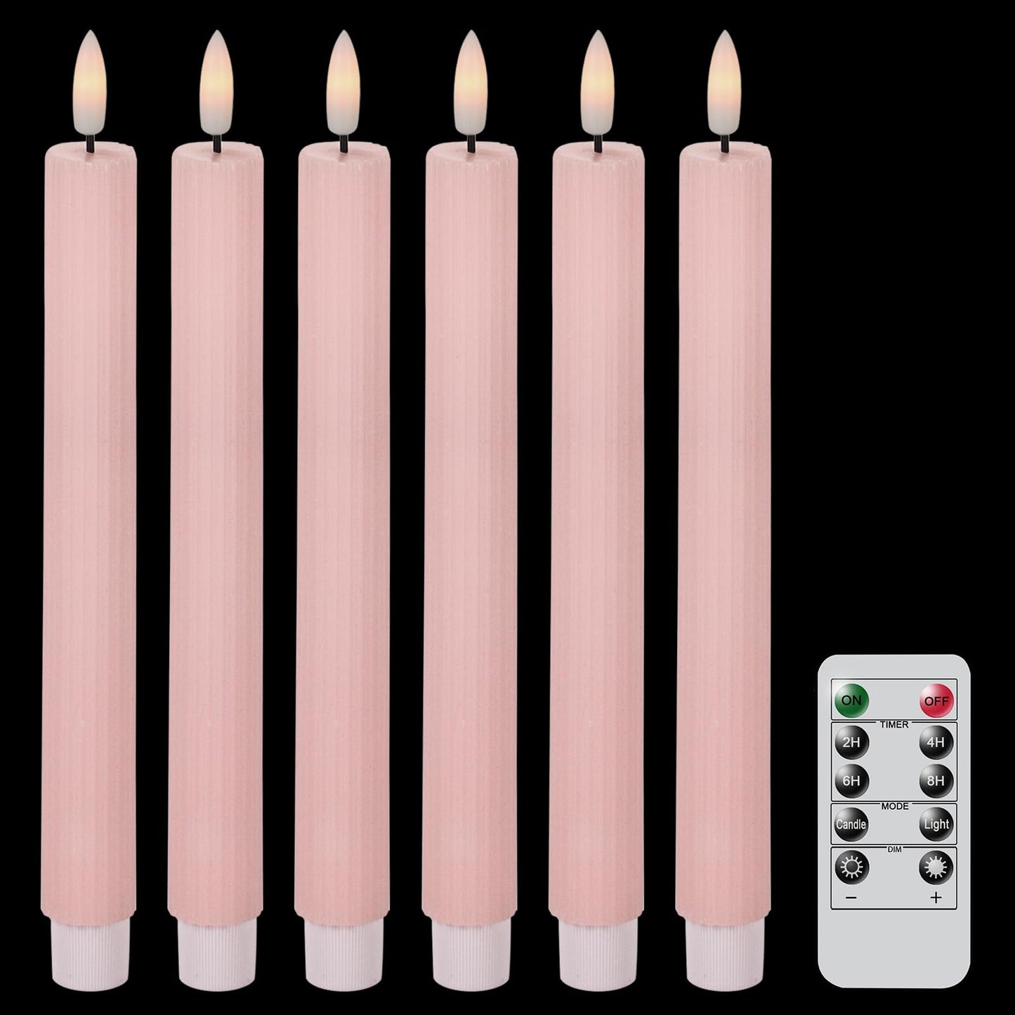 DRomance Pink Flameless Flickering Taper Candles Battery Operated with 10-Key Remote and Timer 6 Pack 3D Wick Vertical Stripe Real Wax LED Taper Candles Spring Dinner Holiday Decor(0.78" D x 9.64" H)