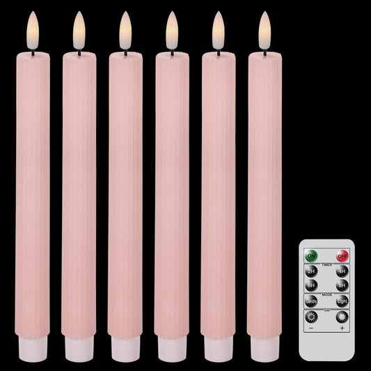 DRomance Pink Flameless Flickering Taper Candles Battery Operated with 10-Key Remote and Timer 6 Pack 3D Wick Vertical Stripe Real Wax LED Taper Candles Spring Dinner Holiday Decor(0.78" D x 9.64" H)