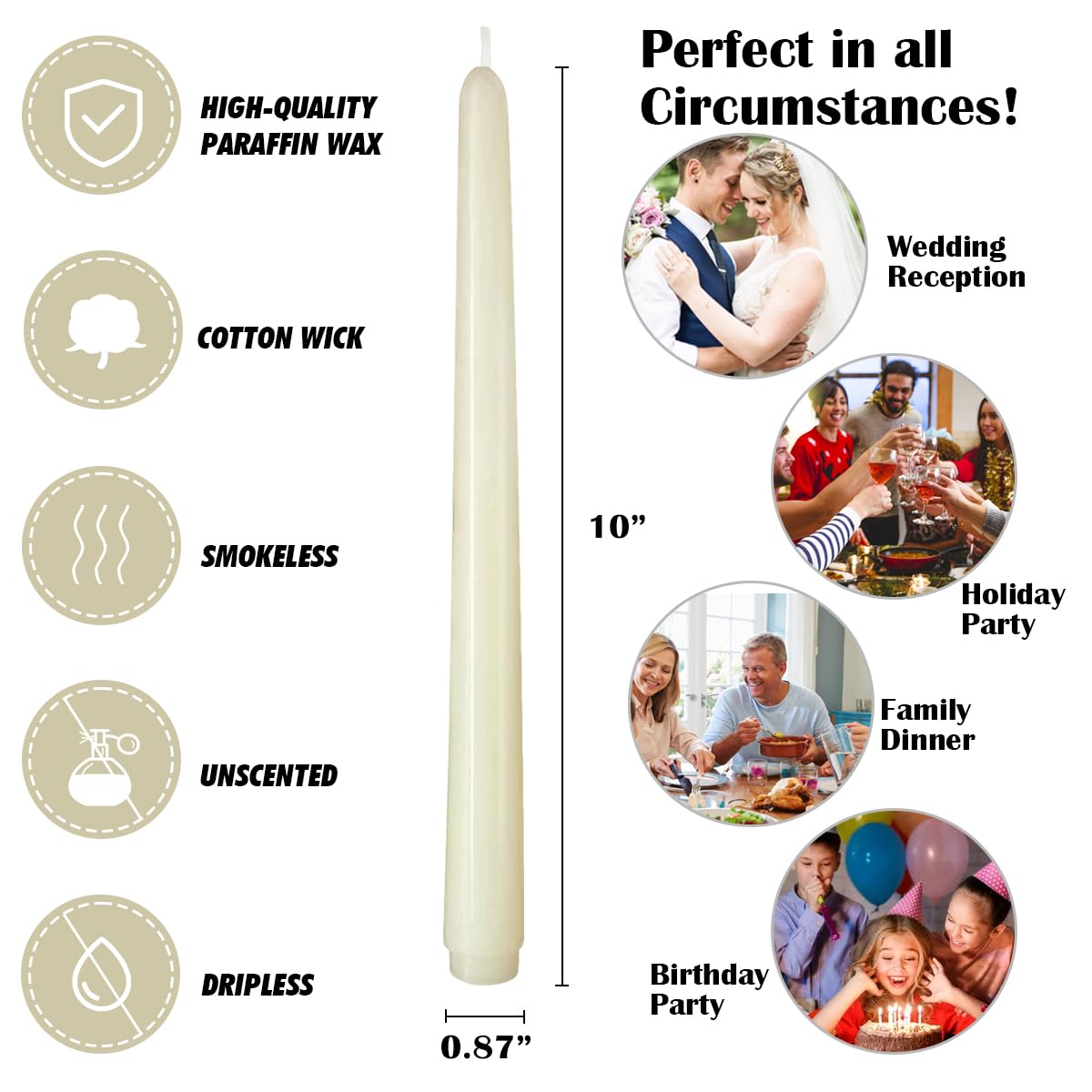 12-Pack Ivory Taper Candles, 10 Inch Unscented Dripless Candlesticks, Long-Lasting Burn Time of 7-8 Hours, Perfect for Home Décor, Weddings, and Events
