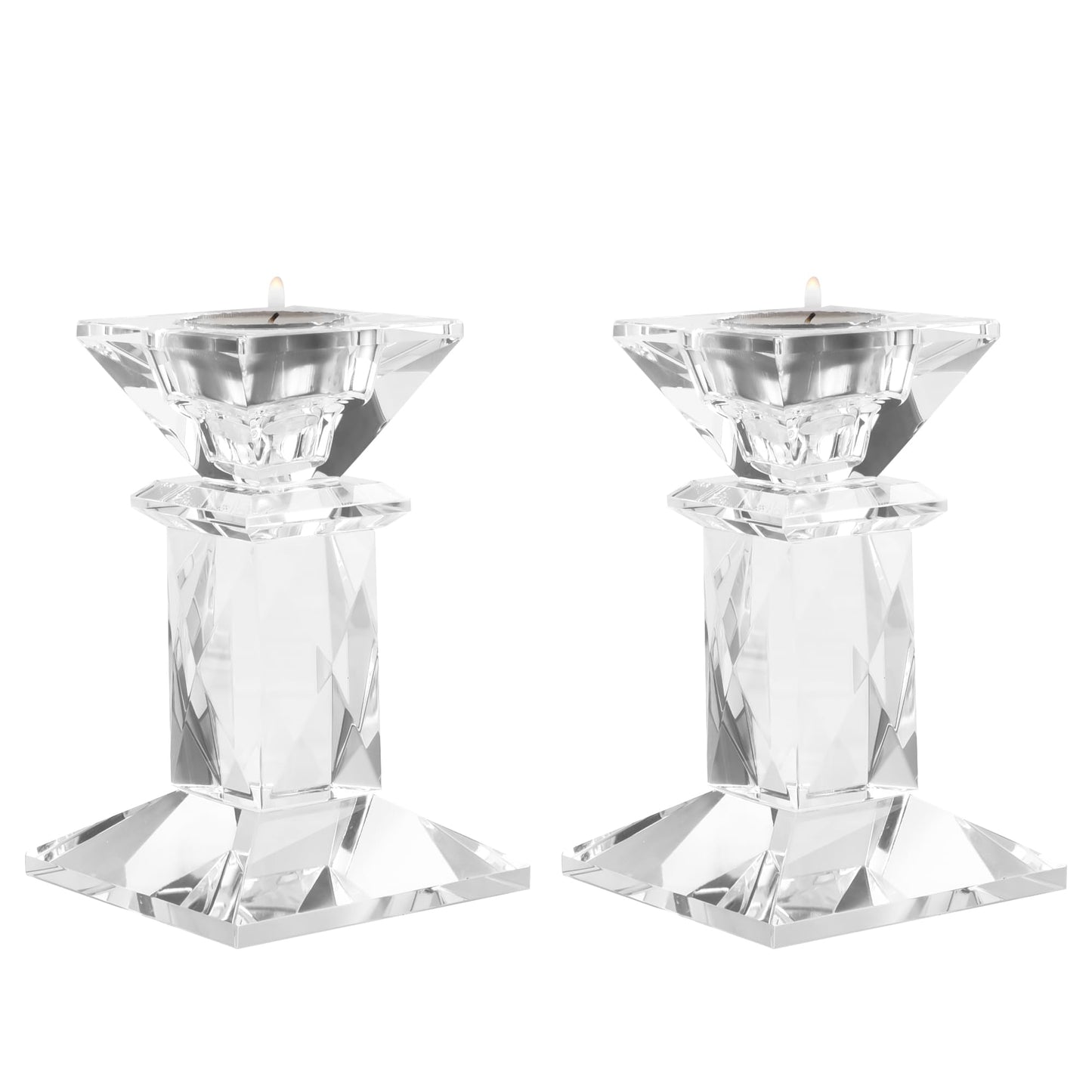 DONOUCLS Crystal Candle Holders Pack of 2, Clear Crystal Taper Candlesticks Holders, Table Centerpiece Home Decor for Wedding, Dining, Party(4.9in Tall)