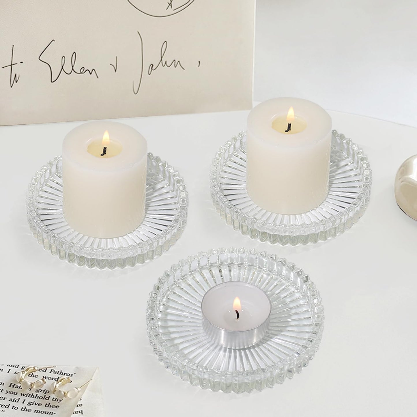 CHOCSTAY Glass Pillar Candle Holder, 4" Clear Candle Plates Set of 3, Glass Candle Holders for Wedding, Party, Holiday, Home Decor, Table Centerpiece