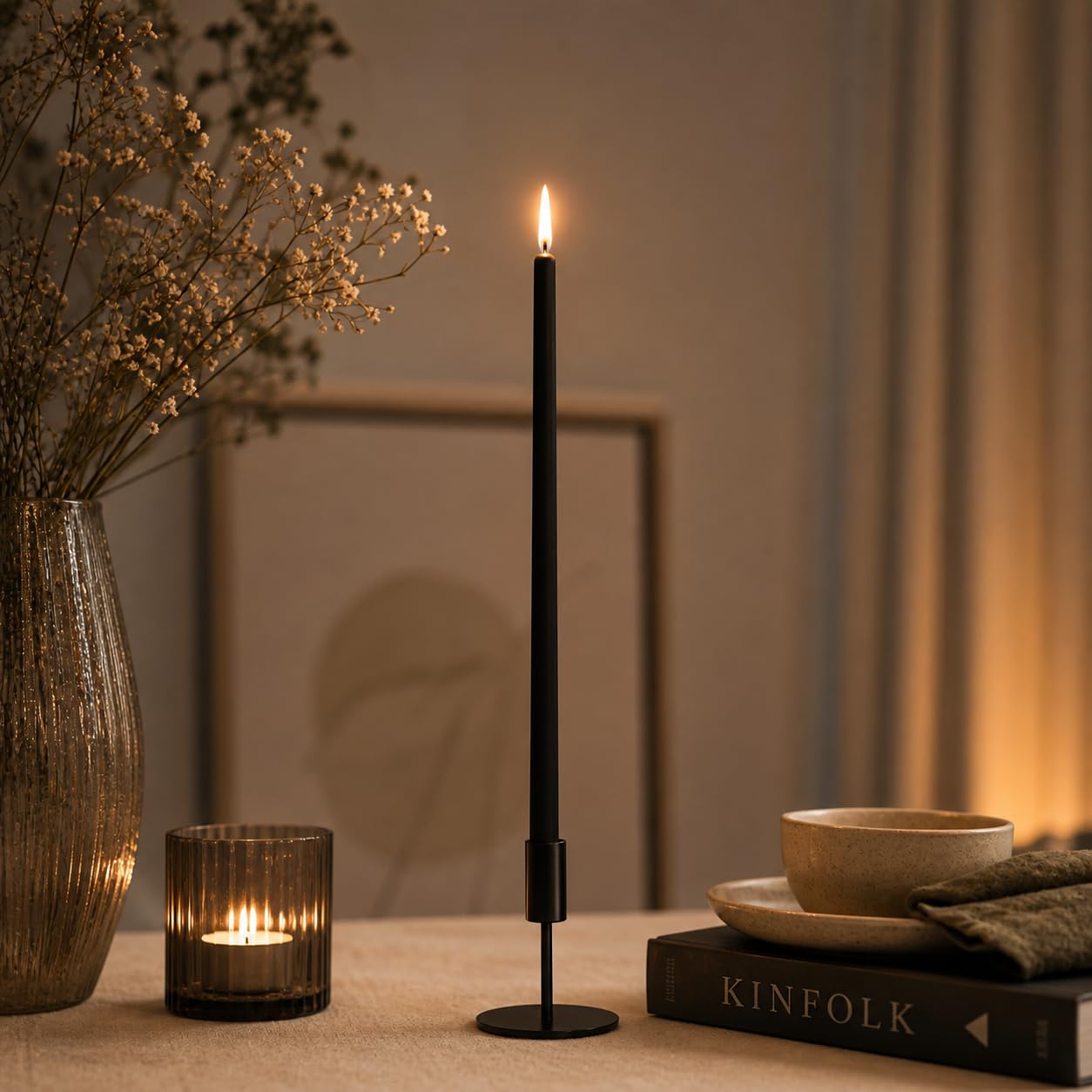 Petekoğlu 15-Pack Beeswax Wish Candles – Handcrafted, Drip-Free, Smoke-Free Slim Taper Candles for Rituals, Meditation, Birthday & Home Décor – Natural Honey Scent 7.87” x 0.24” (Black)