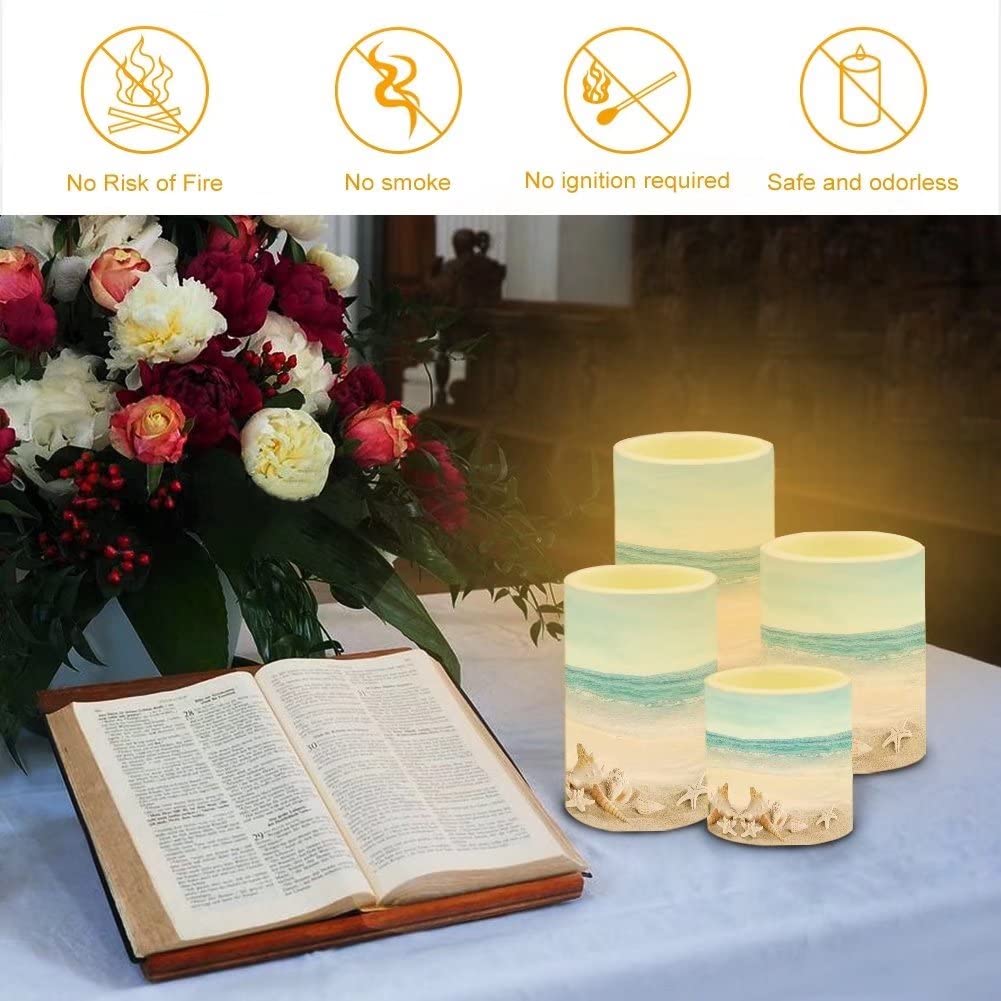 NETILGEN Flickering Flameless LED Pillar Candles with 18-Key Remote Battery Operated Color Changing Tea Lights Fake Candles, Set of 4, Beach Starfish Blue