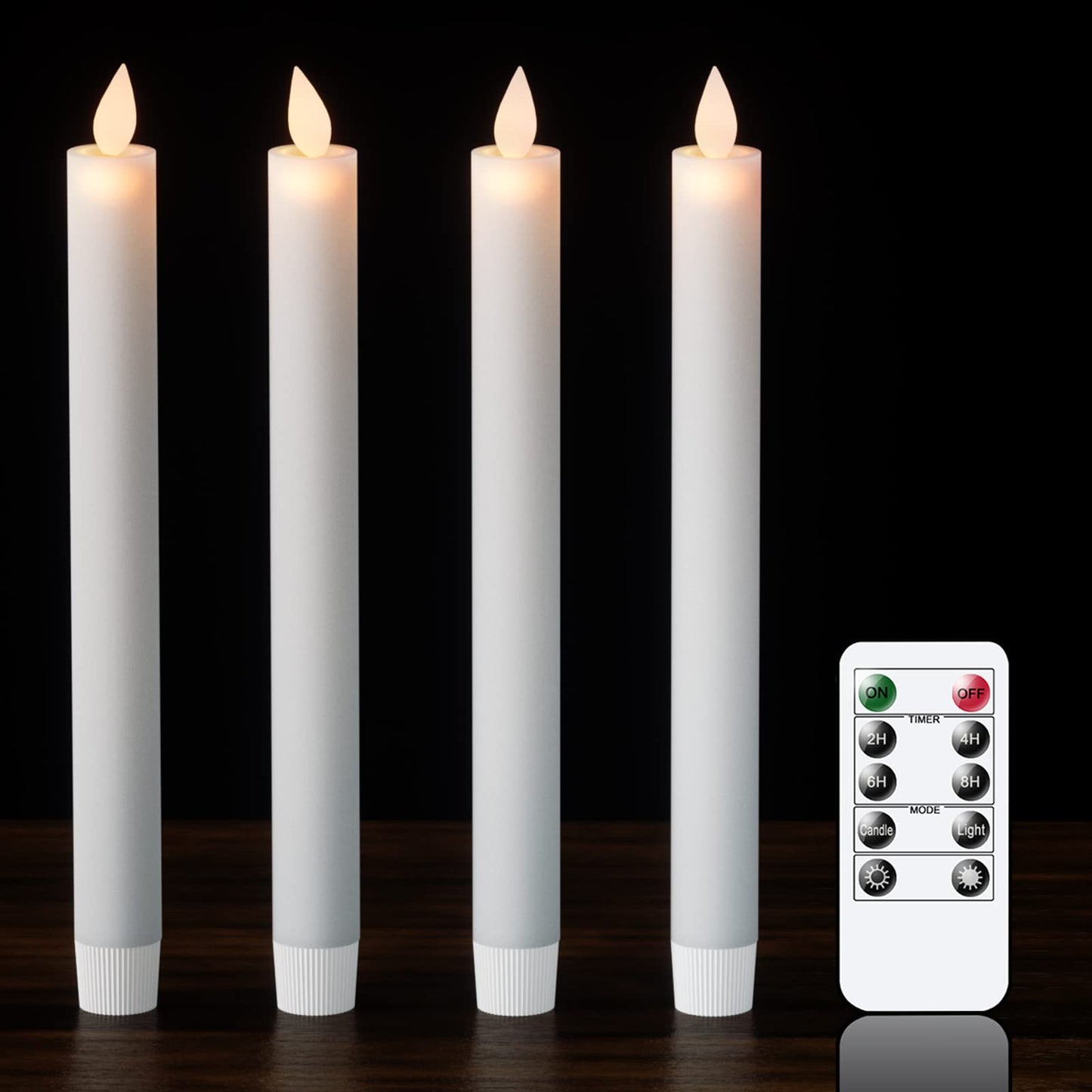DRomance Flameless Flickering Taper Candles with 10-Key Remote and Timer Battery Operated White Real Wax LED Candlesticks Dinner Wedding Christmas Holiday Decor Candles(4 Pack, 0.78" D x 9.5" H)