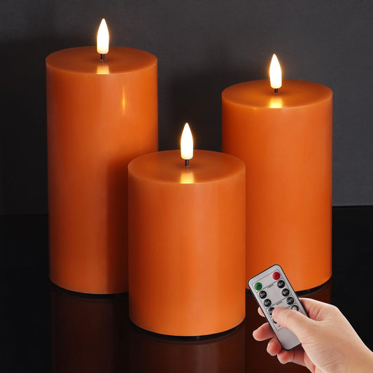 Girimax Burnt Orange Flameless Pillar Candles with Remote, Flickering LED Wax Candles Battery Operated Set of 3