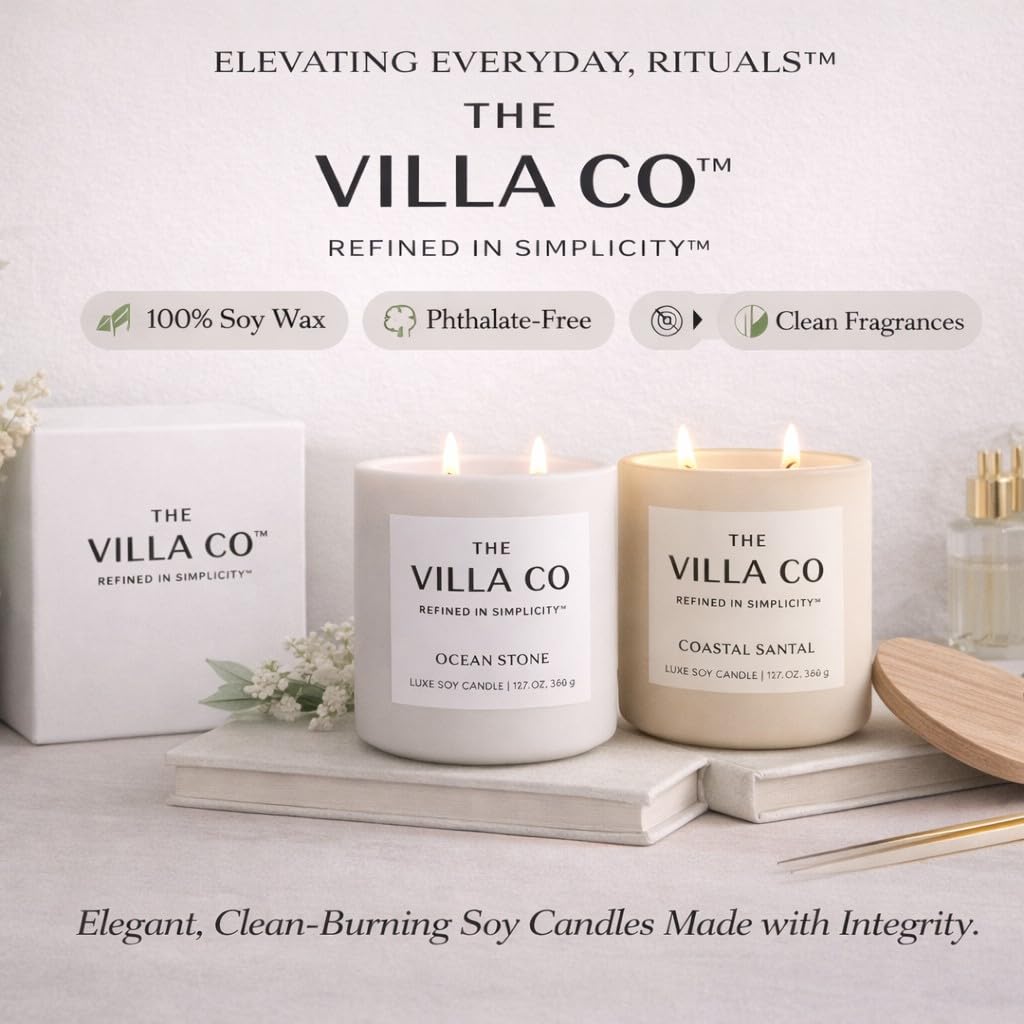 The Villa Co | Ocean Stone | Scented Candle for Women & Men | Hand-Poured, Aromatic & Fragrant | 60 Hour Burn Time 12 OZ | Soy Based | Phthalate Free | Made in USA