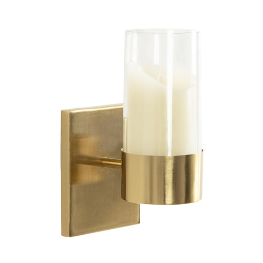 Kate and Laurel Zabler Modern Metal Wall Sconce; 5 x 6 x 10; Gold; Round Candle Holder with Removable Glass Cylinder for Flameless Candle Display in Bedroom or Bathroom
