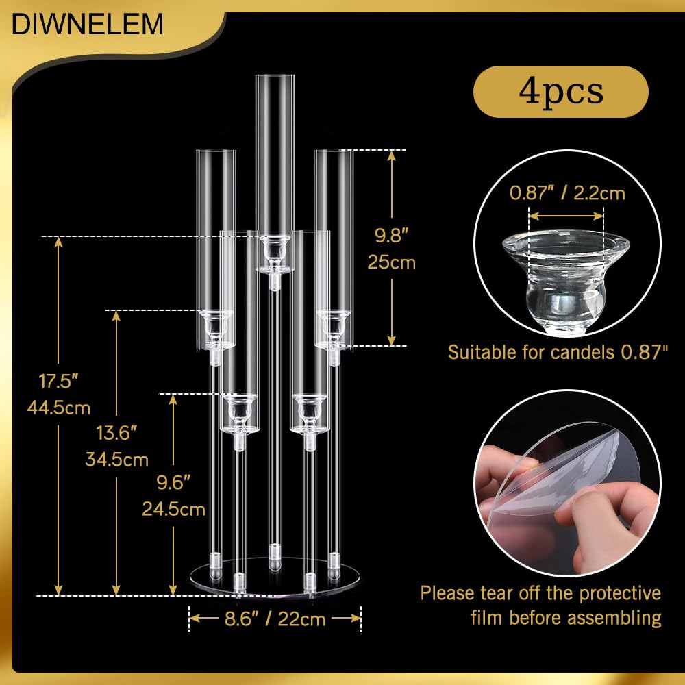 DIWNELEM 4Pcs Acrylic Candelabra Centerpieces for Wedding 5 Arm Clear Candle Candlesticks Holders 25.5" Tall Crystal Taper Candlestick with Shade Fit 0.87'' Led Candle for Christmas Party Home Decor